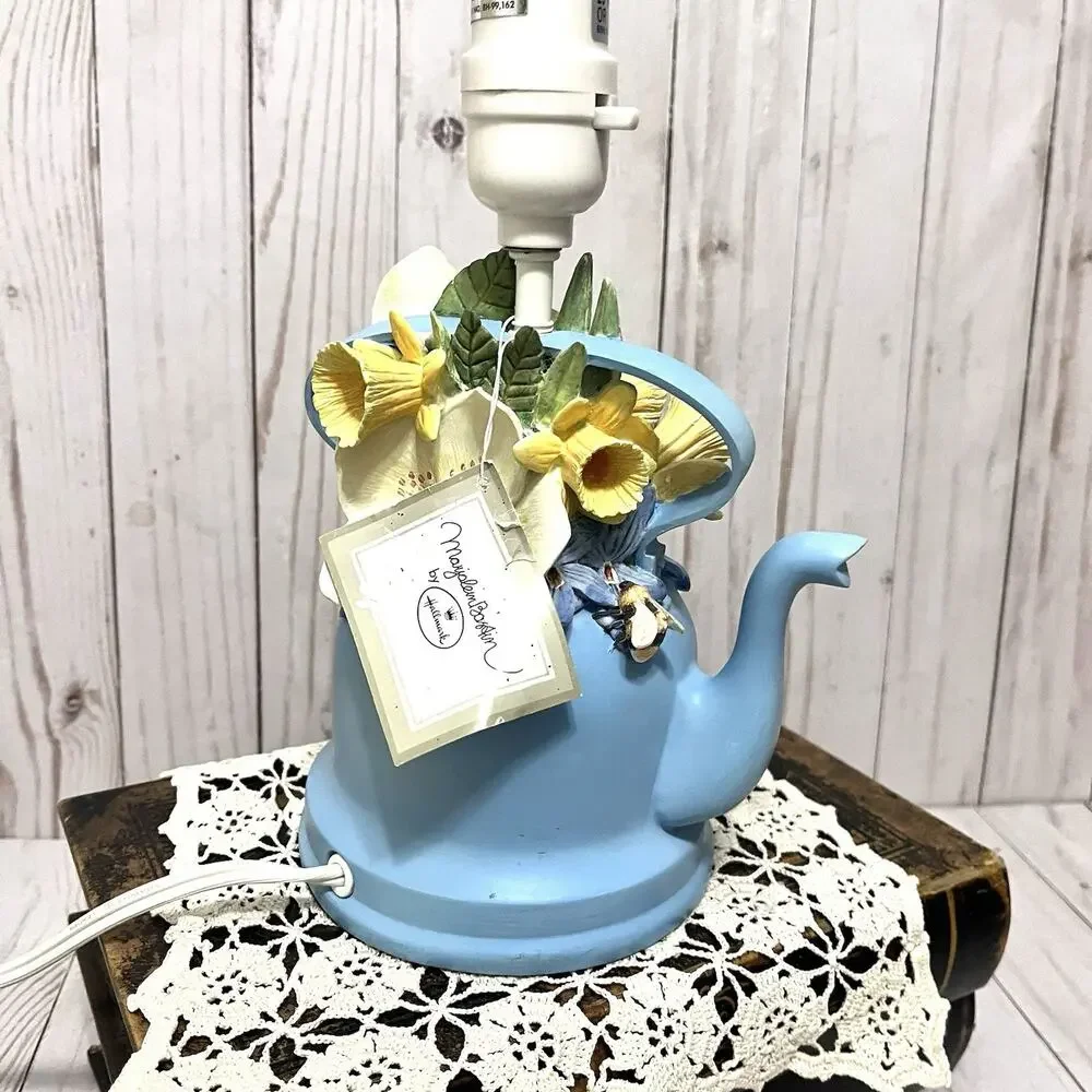 Marjolein Bastin Blue Floral Teapot Table Lamp w Shade, Ceramic Novelty Design